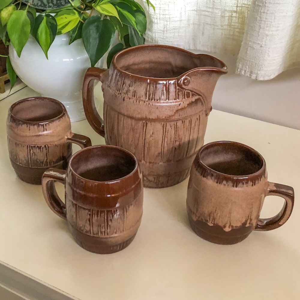 RARE Frankoma Barrel Pitcher and Mugs in Satin Brown